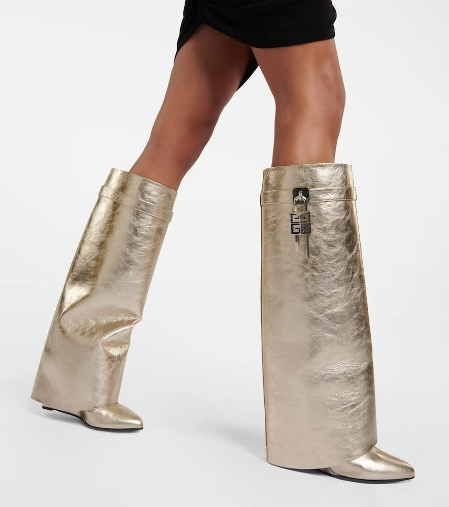 Shark Lock metallic leather knee-high boots