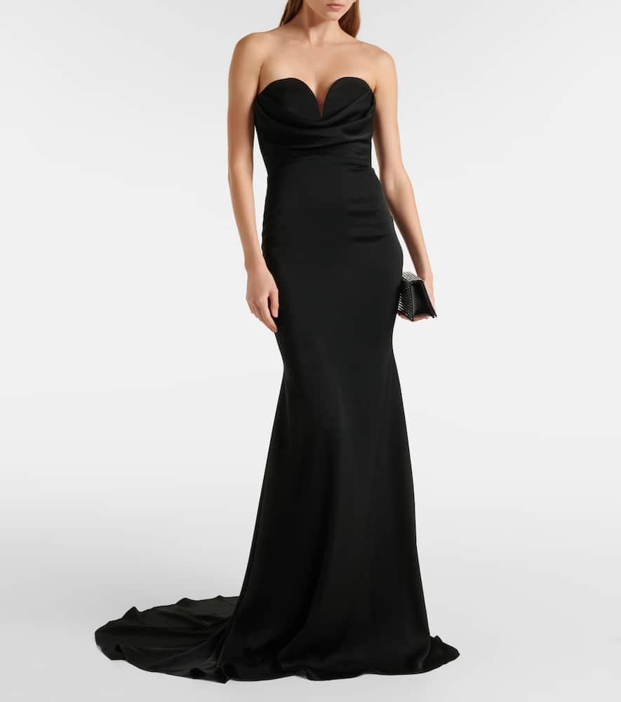 Gathered strapless satin gown