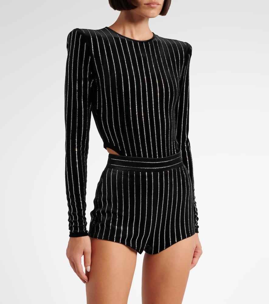 Crystal-embellished pinstripe velvet bodysuit