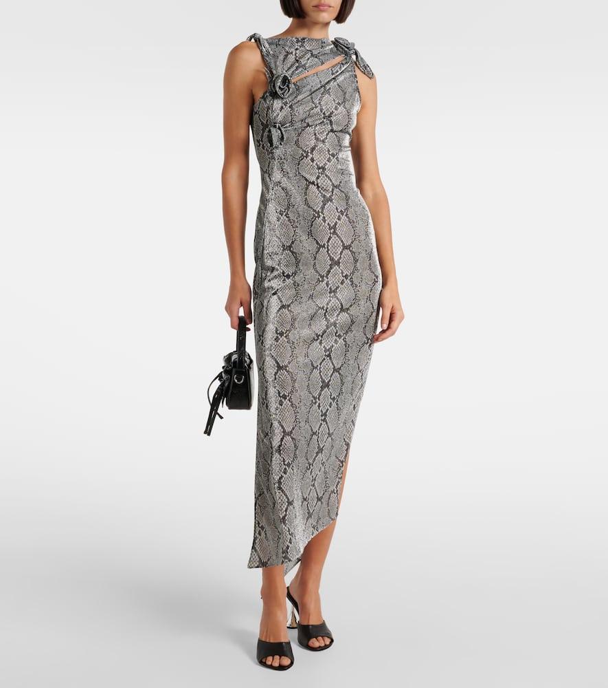 Snake-effect asymmetric maxi dress