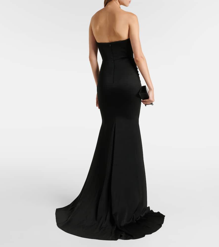 Gathered strapless satin gown