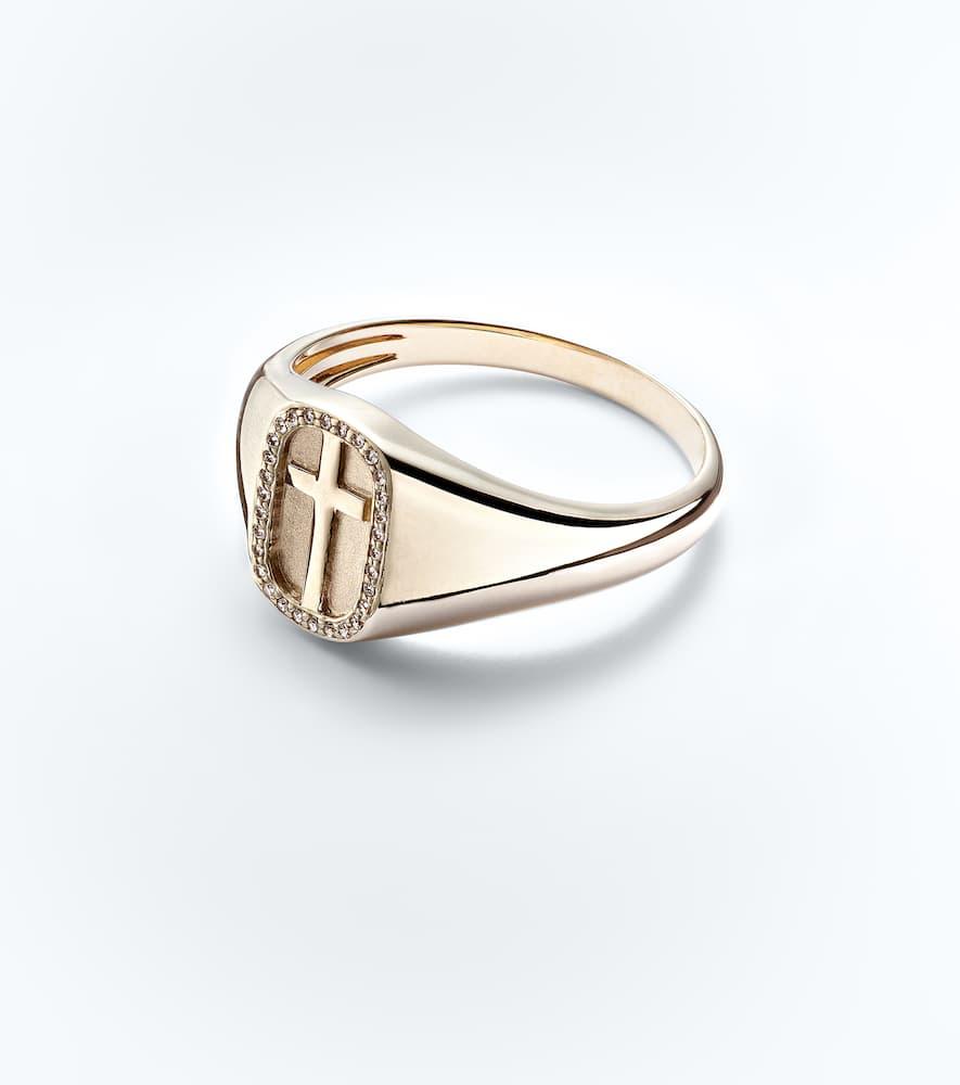 Cross Icon 14kt gold ring with diamonds