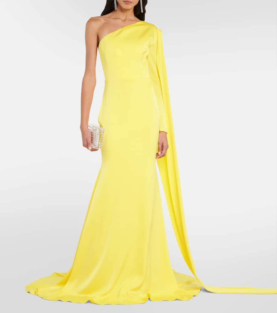 Caped one-shoulder satin gown