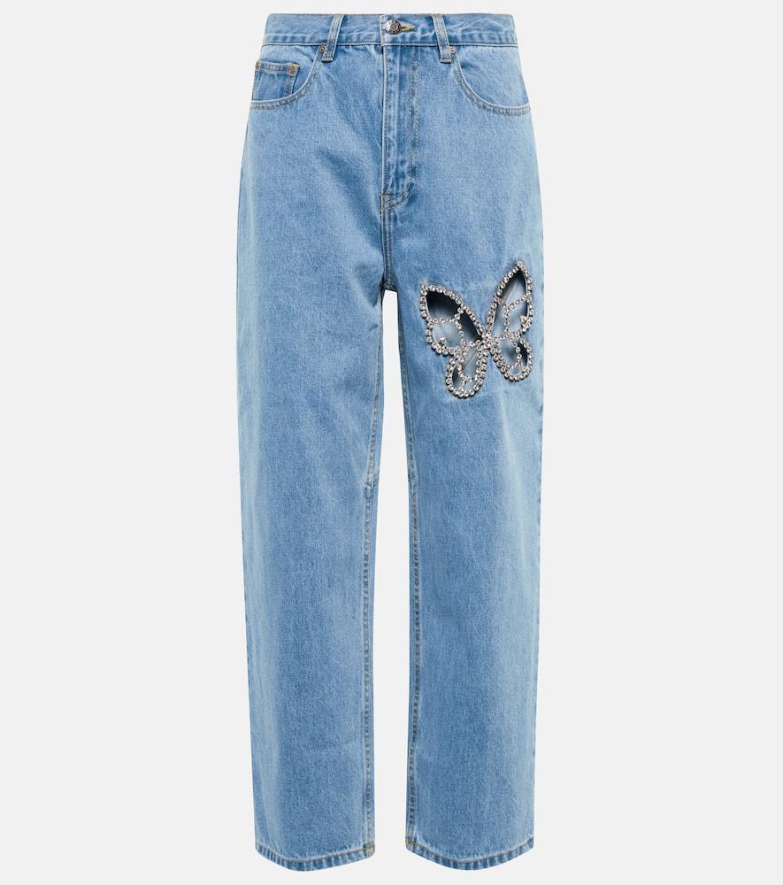 Embellished cutout high-rise straight jeans