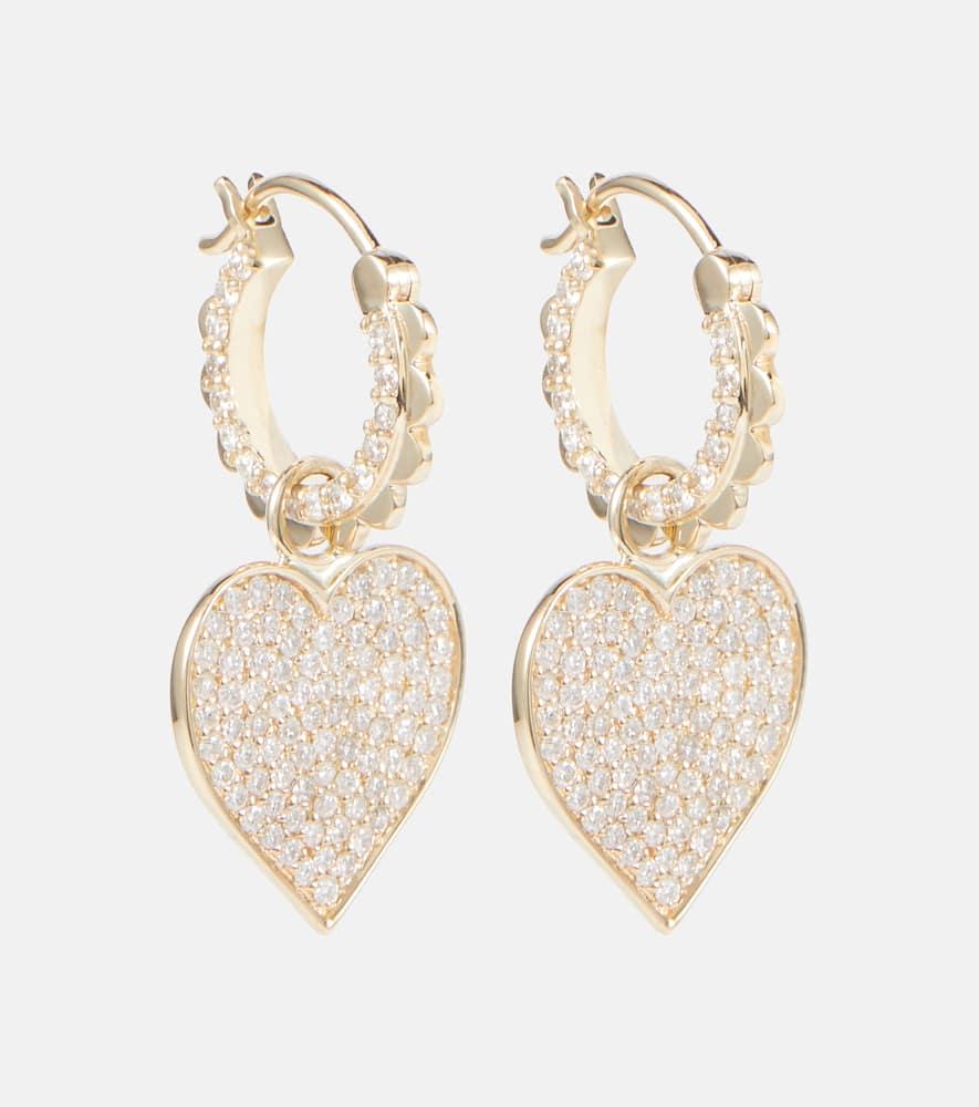 14kt gold scalloped heart charm hoop earrings with diamonds