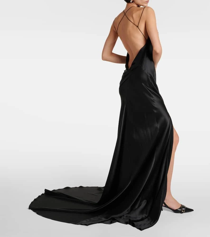 Halterneck lace-trimmed silk satin gown