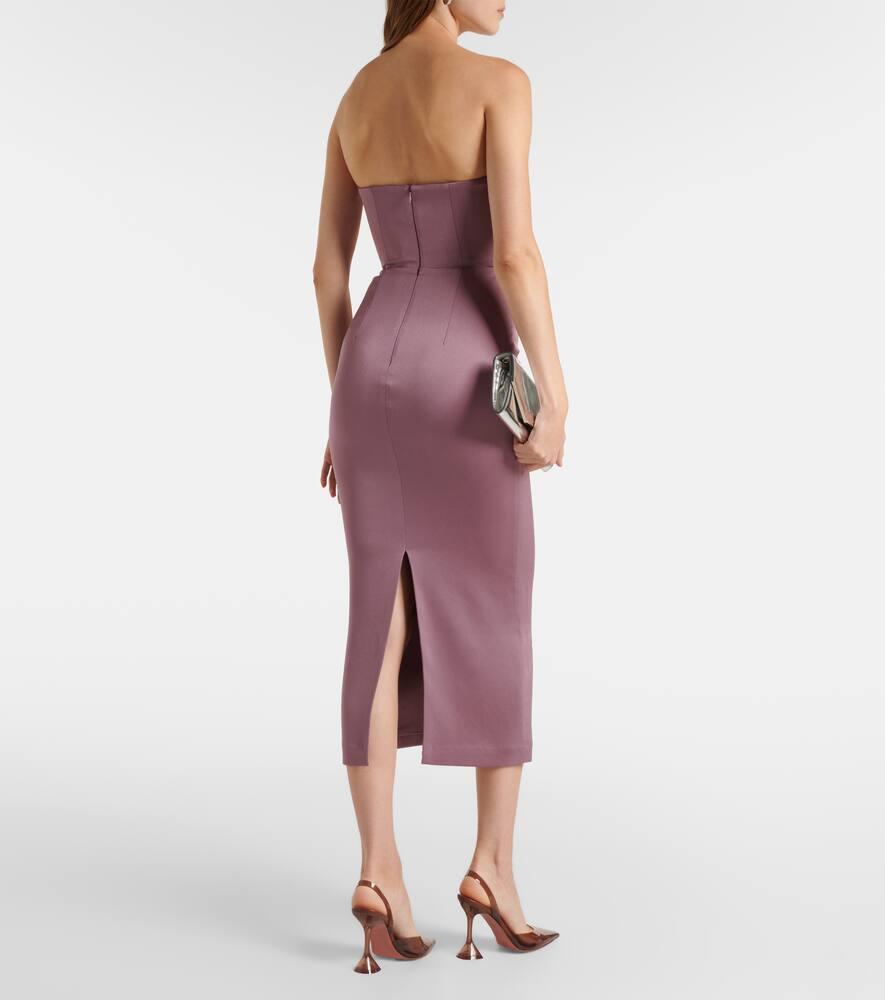 Gathered strapless satin midi dress