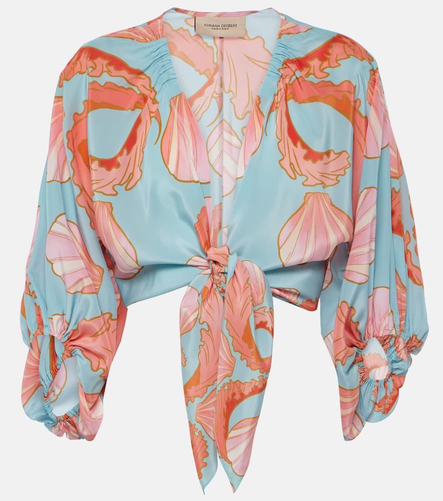 Printed tie-detail silk crop top