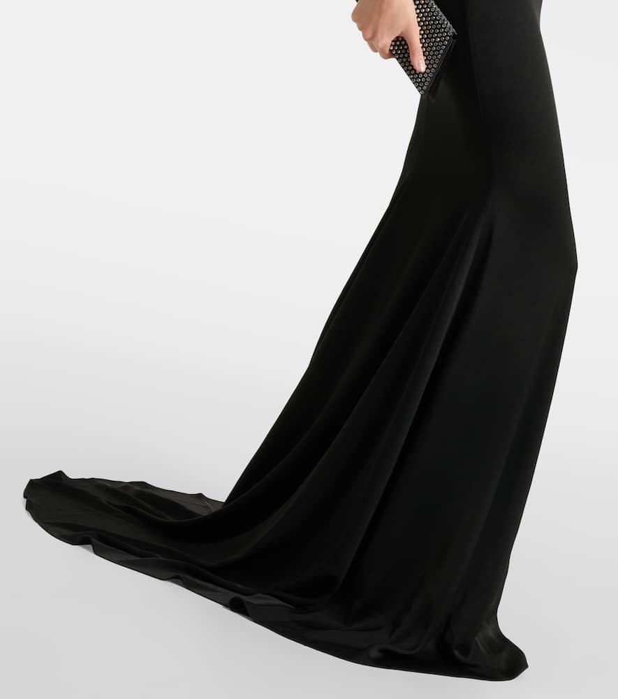 Gathered strapless satin gown