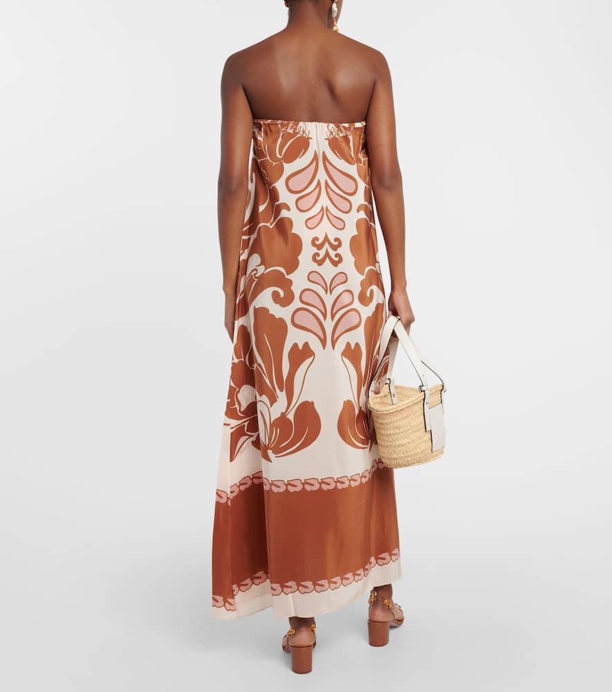 Printed strapless silk maxi dress