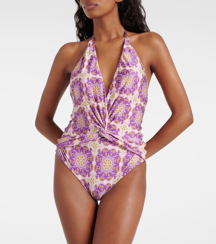 Exotic Coral printed halterneck swimsuit