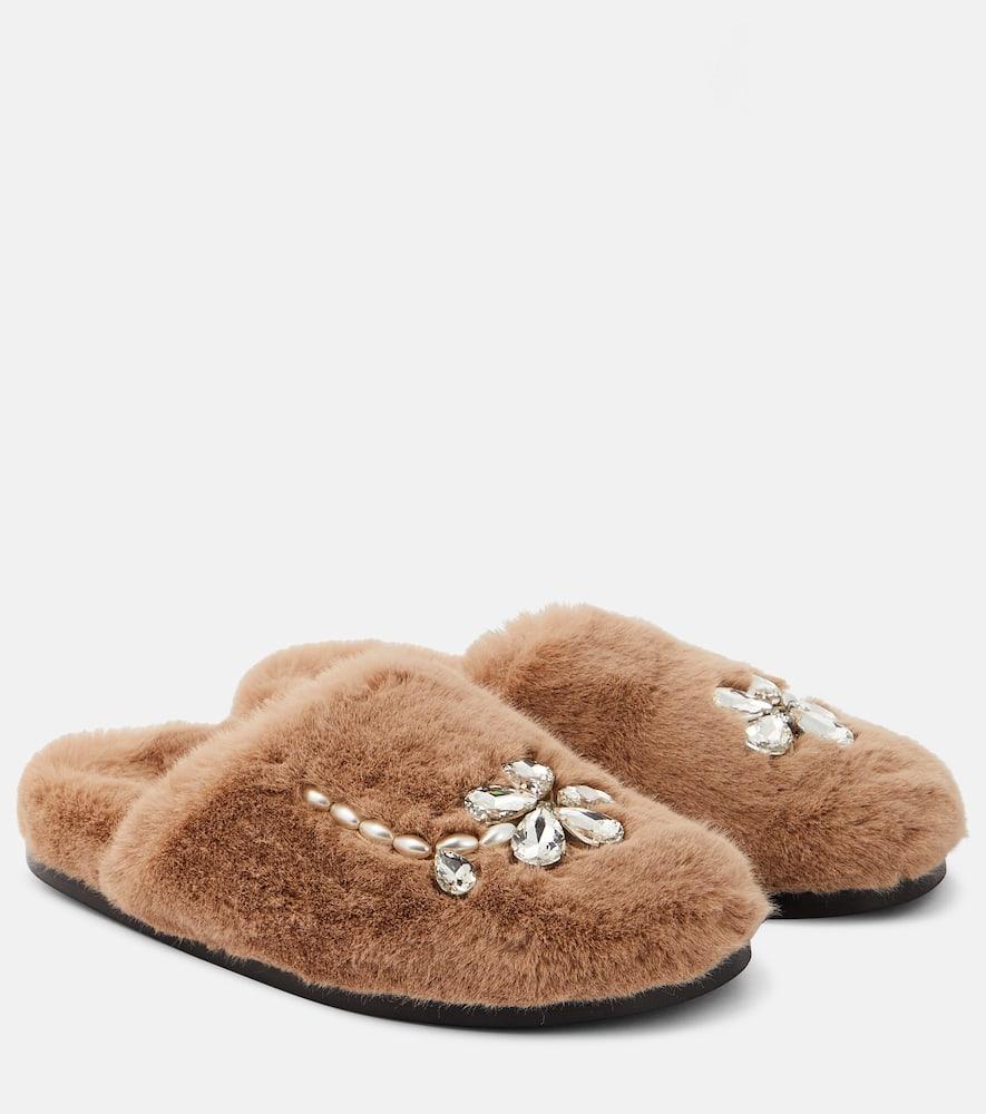 Embellished faux fur slippers