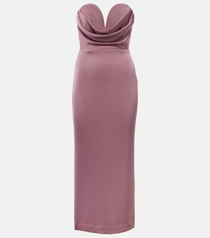 Gathered strapless satin midi dress