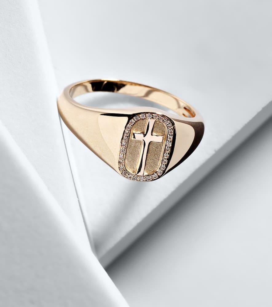 Cross Icon 14kt gold ring with diamonds