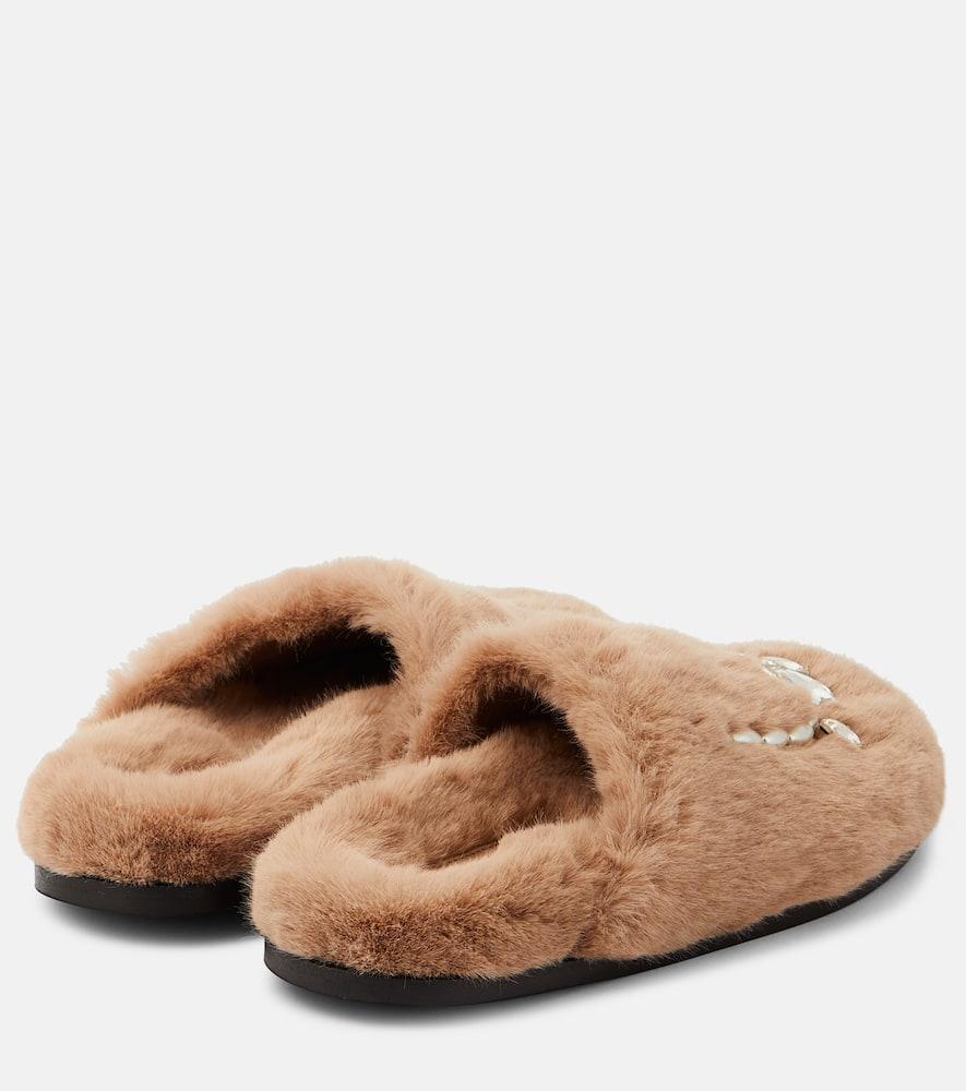 Embellished faux fur slippers