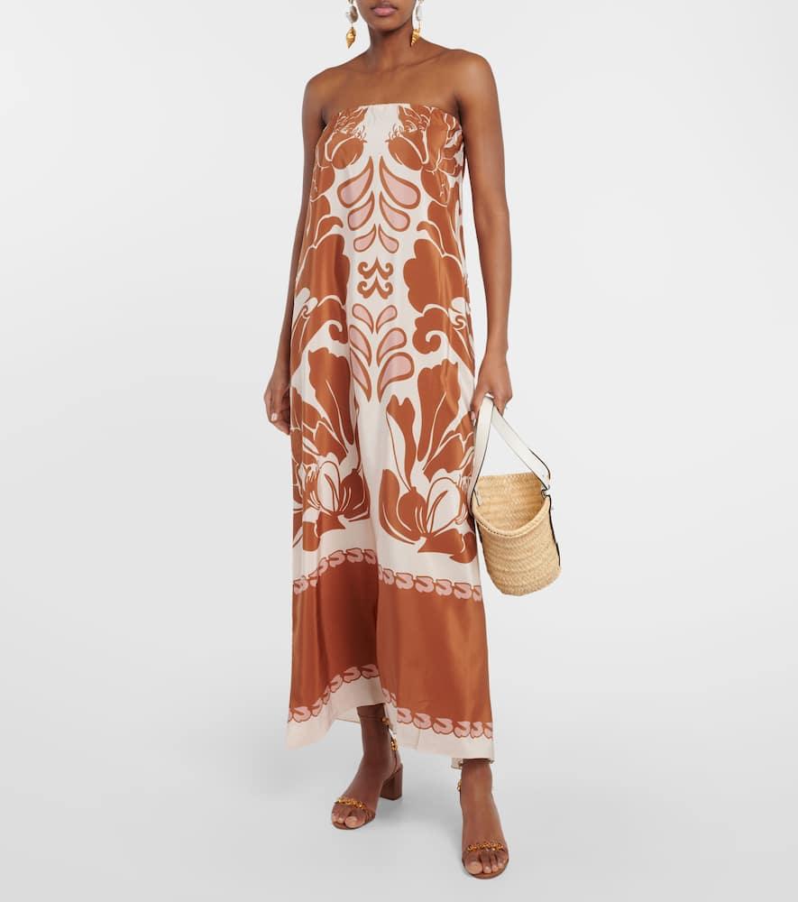 Printed strapless silk maxi dress