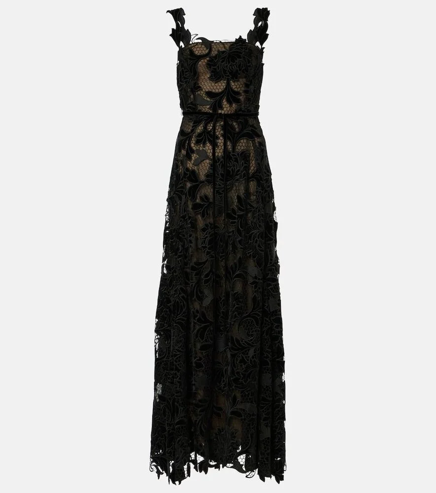 Guipure lace-trimmed velvet gown