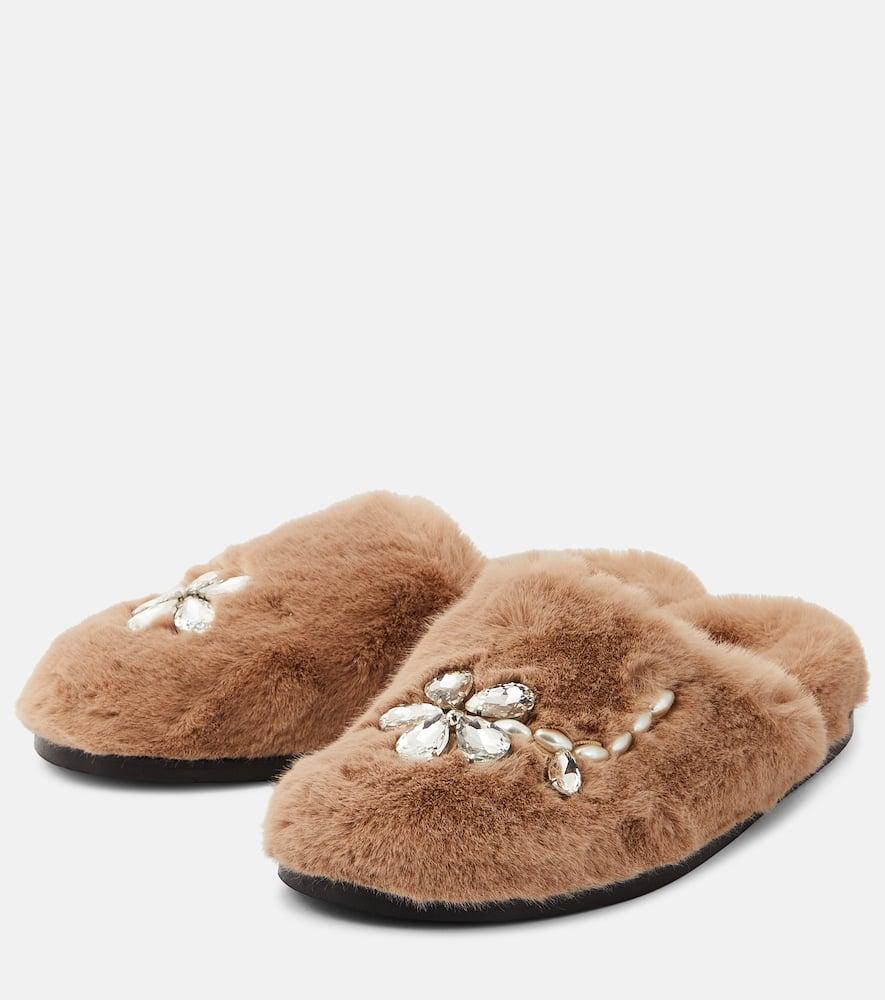 Embellished faux fur slippers