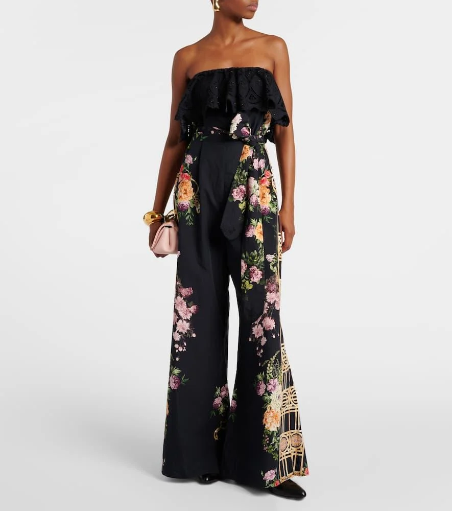 Floral ruffled strapless cotton jumpsuit