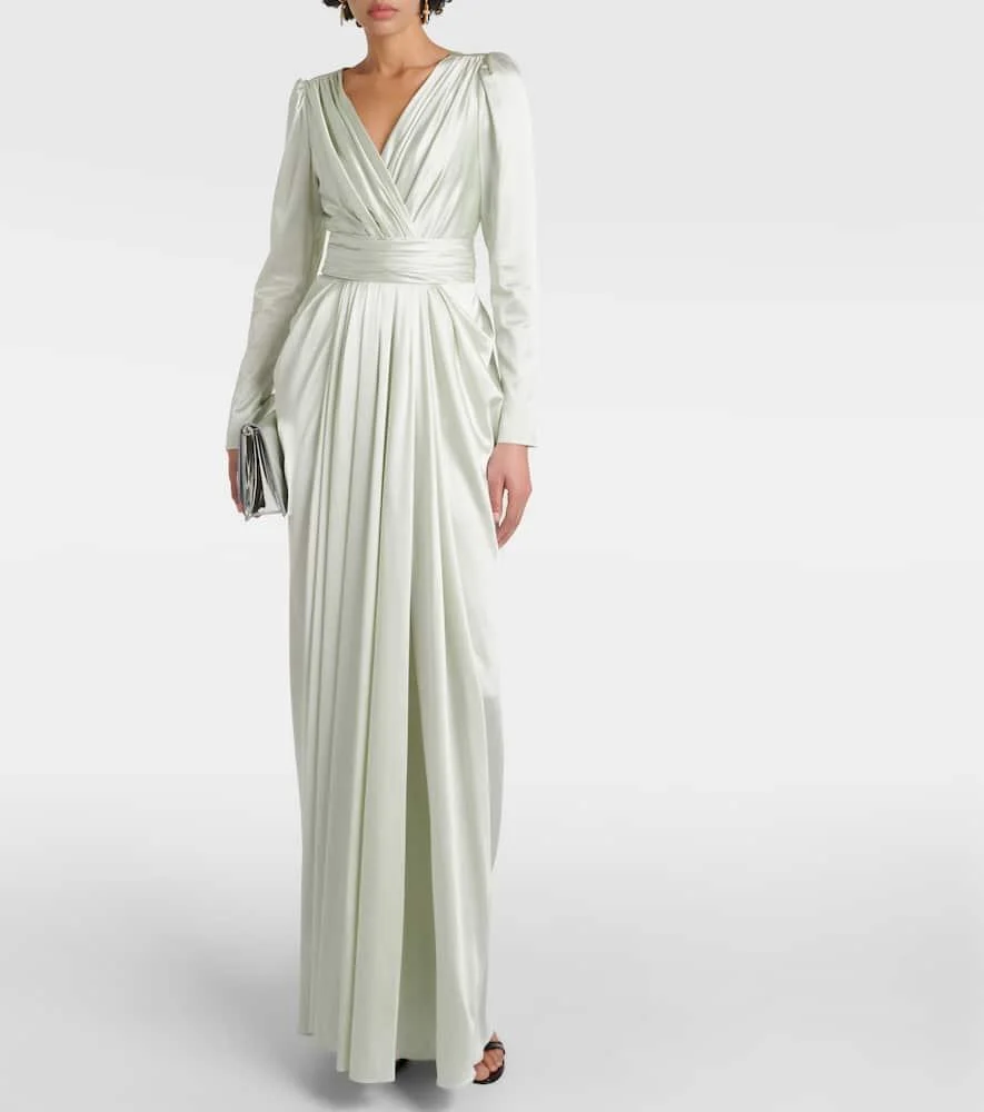 Gathered front-slit silk-blend gown