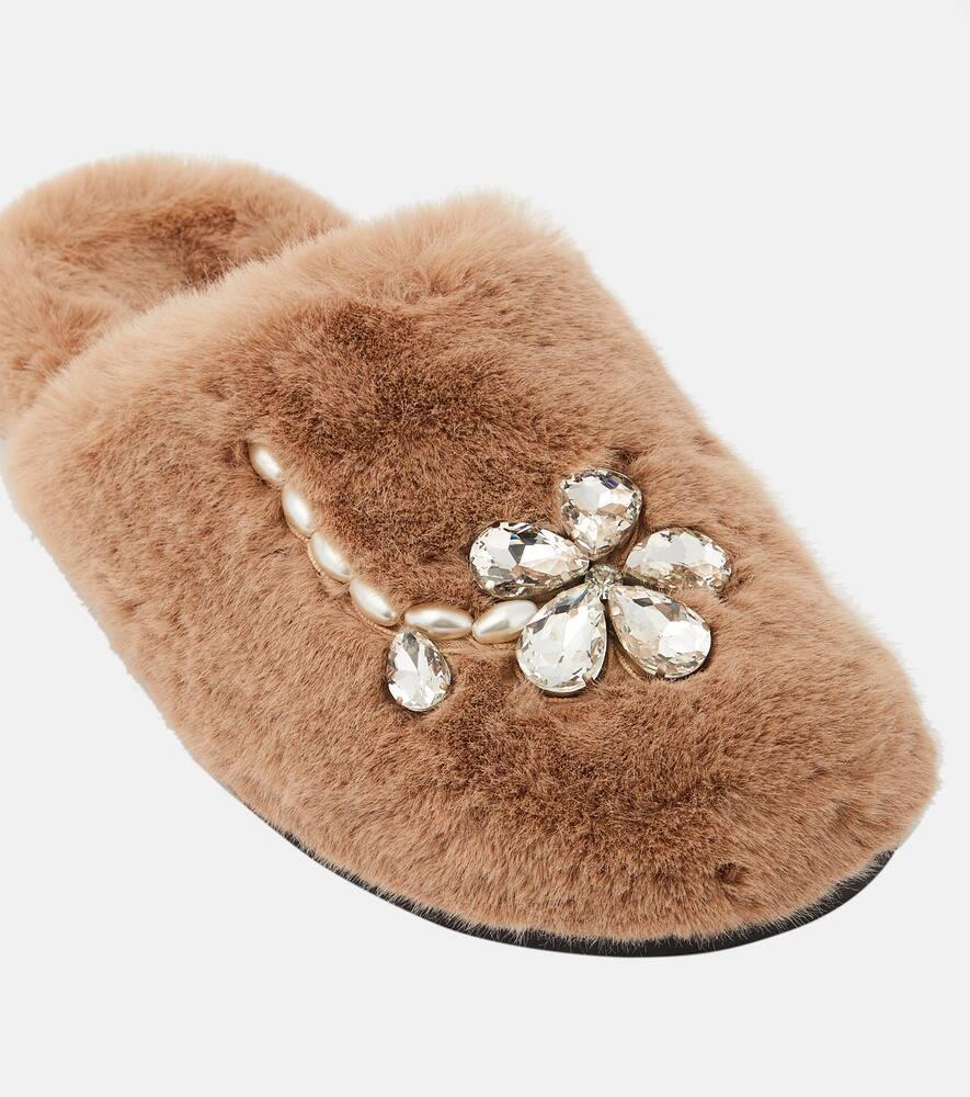 Embellished faux fur slippers