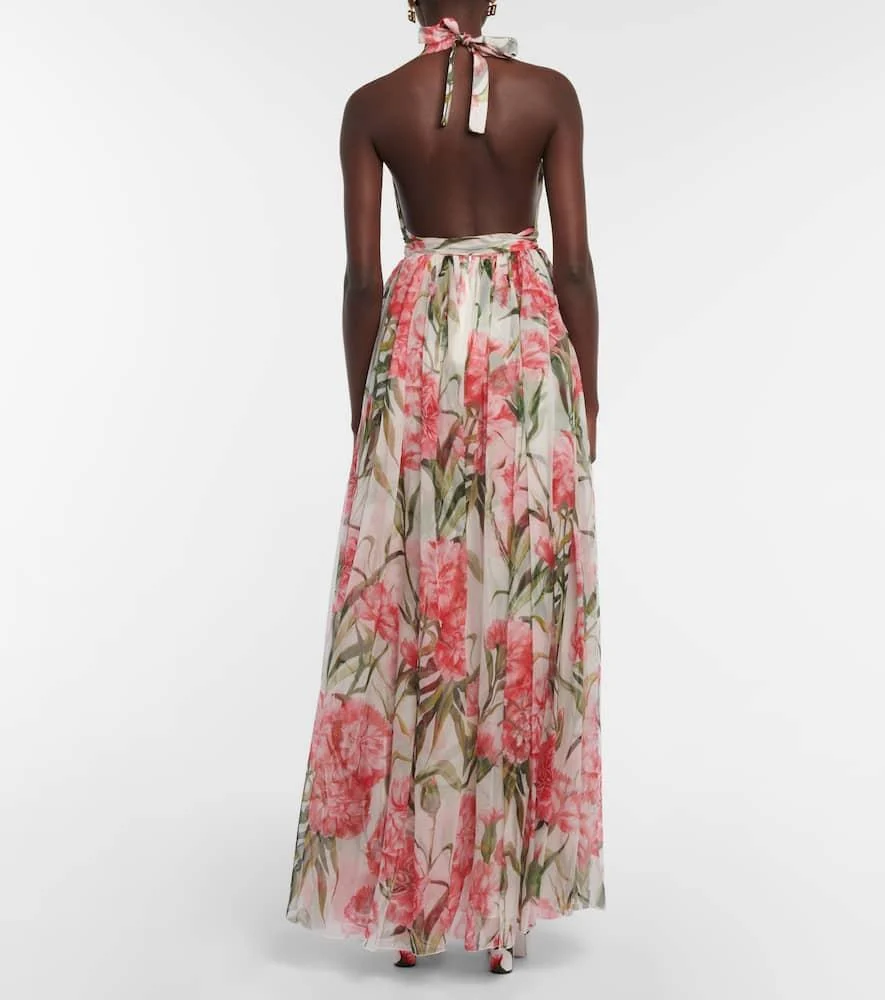 Floral halter-neck silk gown