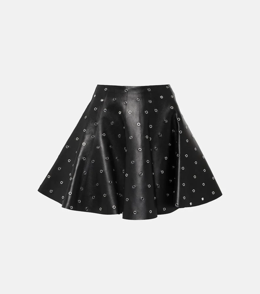 Eyelet embellished leather miniskirt