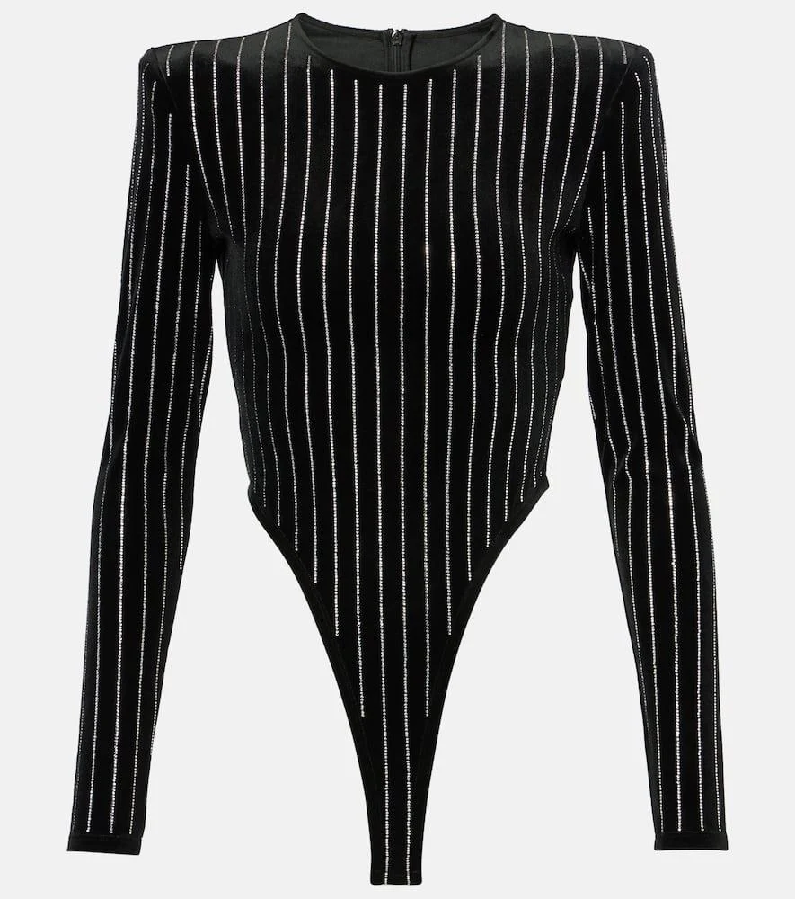 Crystal-embellished pinstripe velvet bodysuit