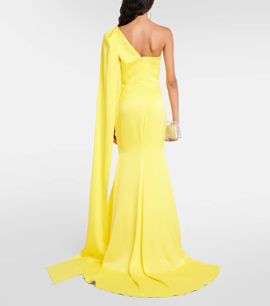 Caped one-shoulder satin gown