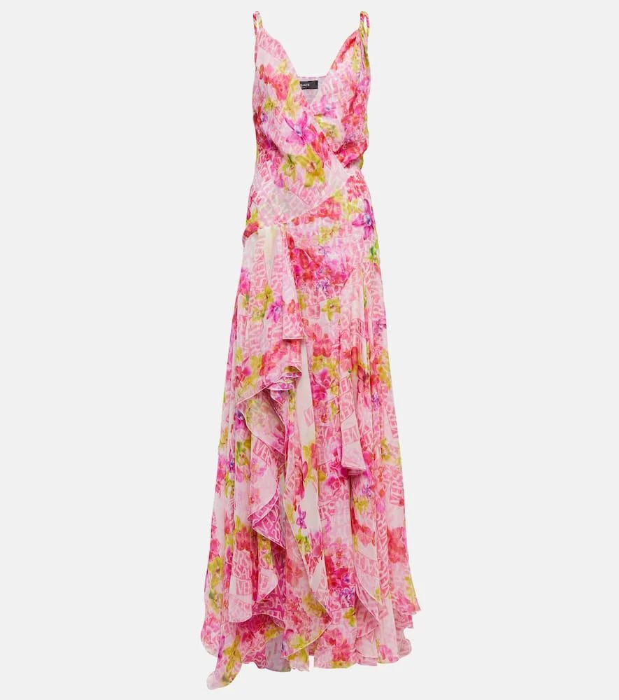 Logo floral silk chiffon gown