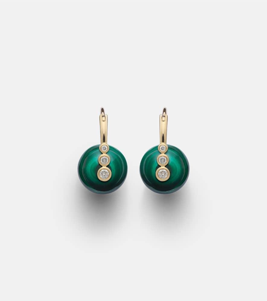 14kt gold earrings with diamonds and malachites