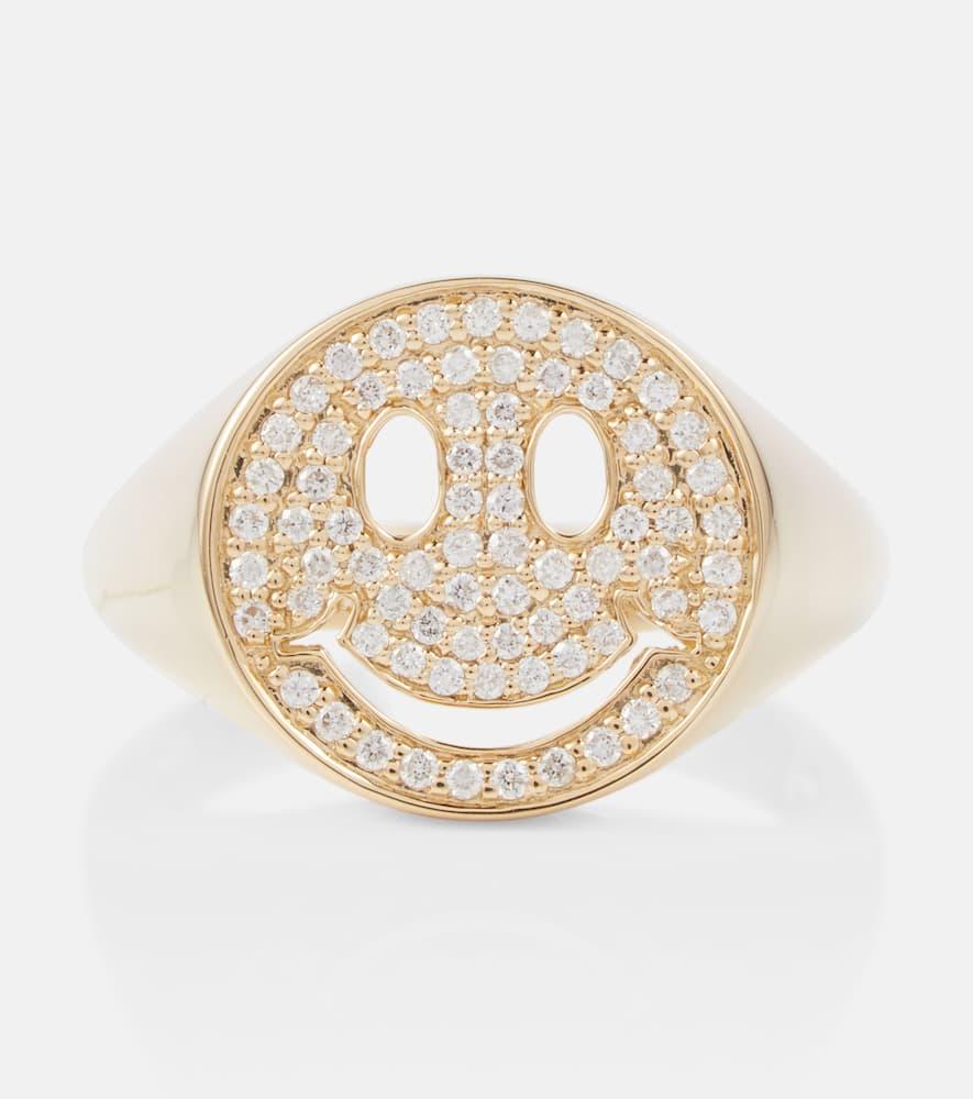 Happy Face 14kt yellow gold signet ring with diamonds