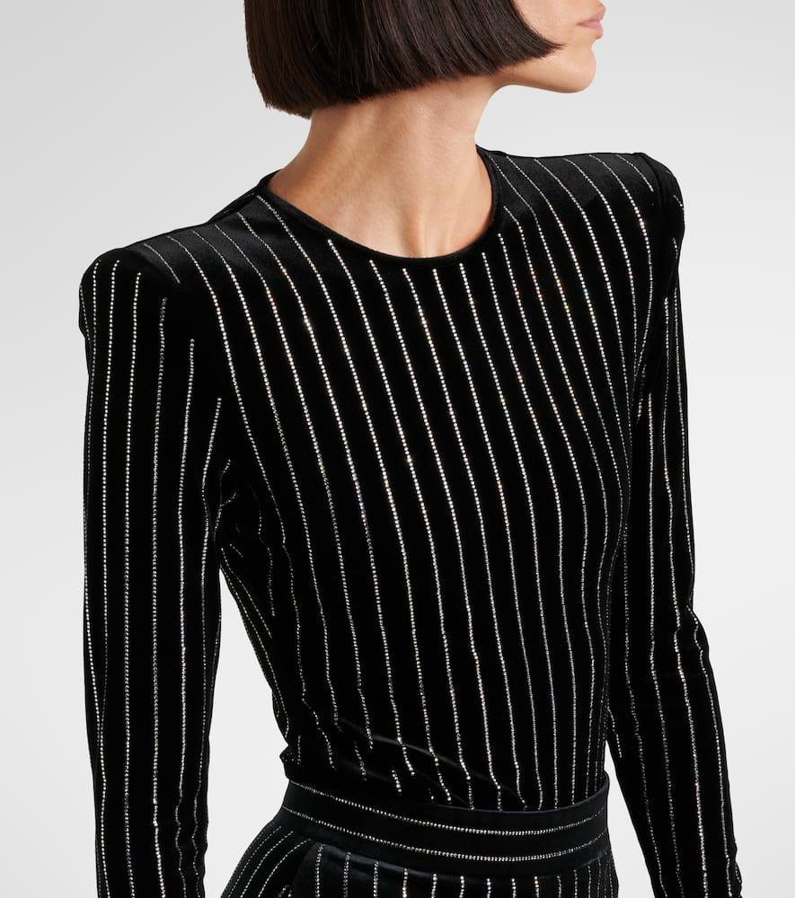 Crystal-embellished pinstripe velvet bodysuit