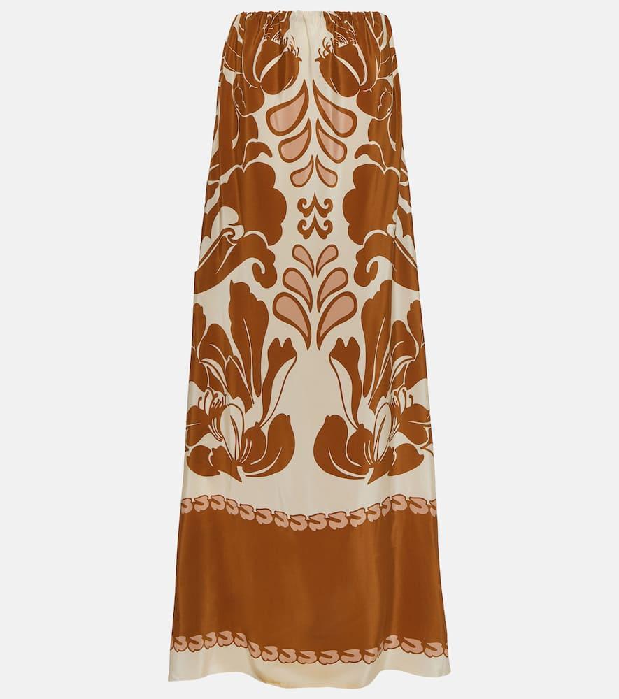 Printed strapless silk maxi dress