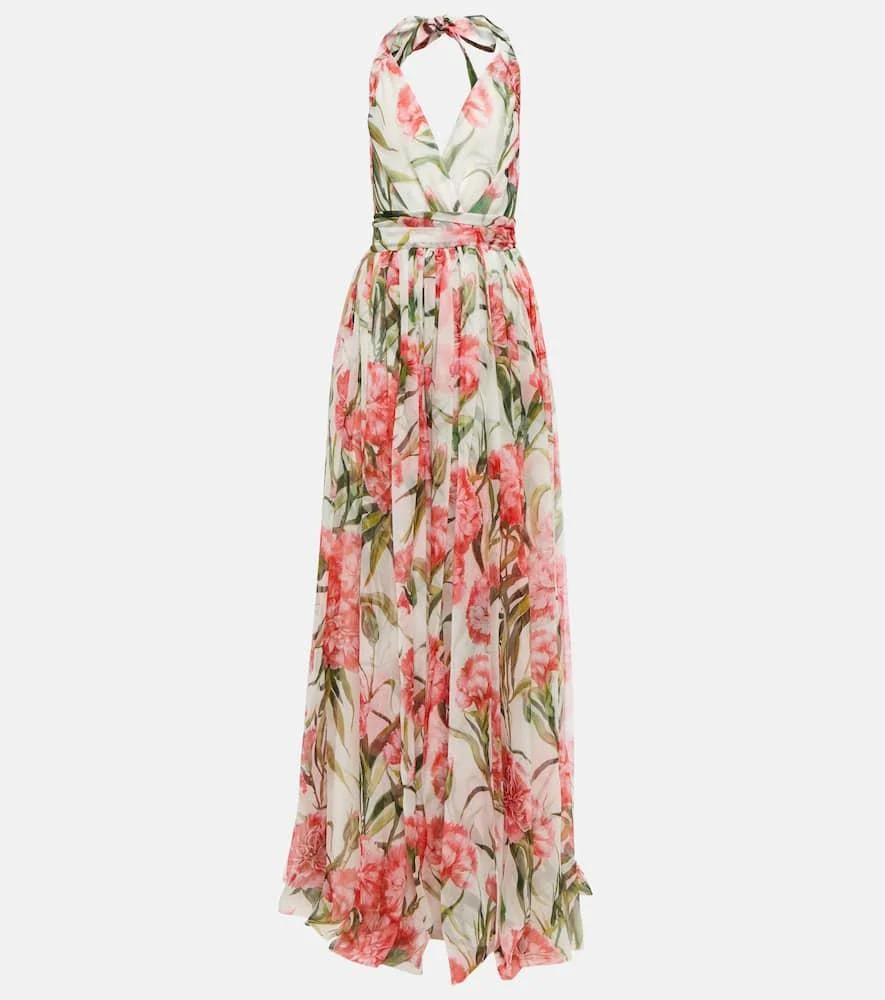 Floral halter-neck silk gown