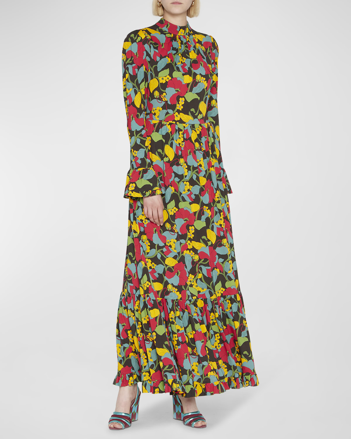 Visconti Floral-Print Puff-Sleeve Tiered Maxi Dress