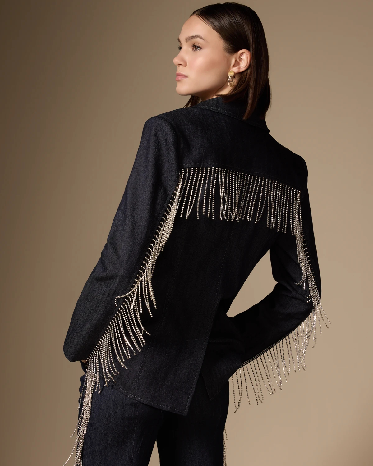 Sasha Rhinestone Fringe Denim Blazer