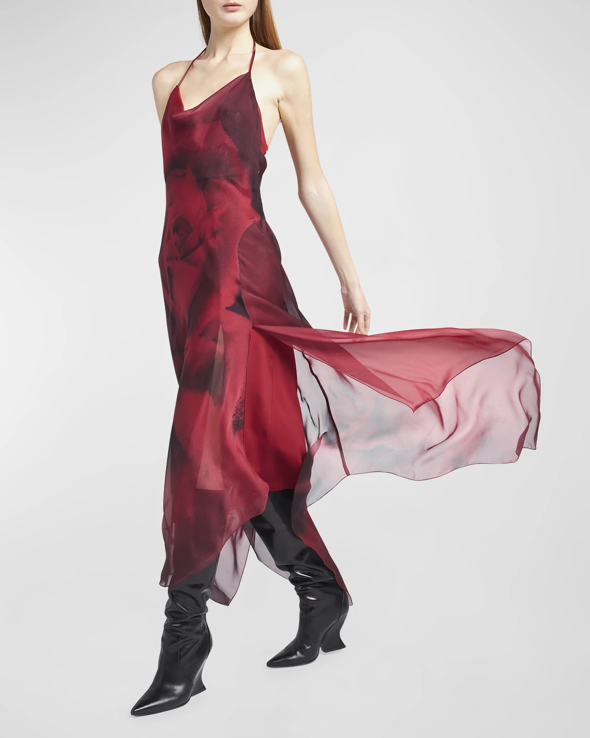 Rose-Print Cowl Halter Handkerchief Maxi Dress