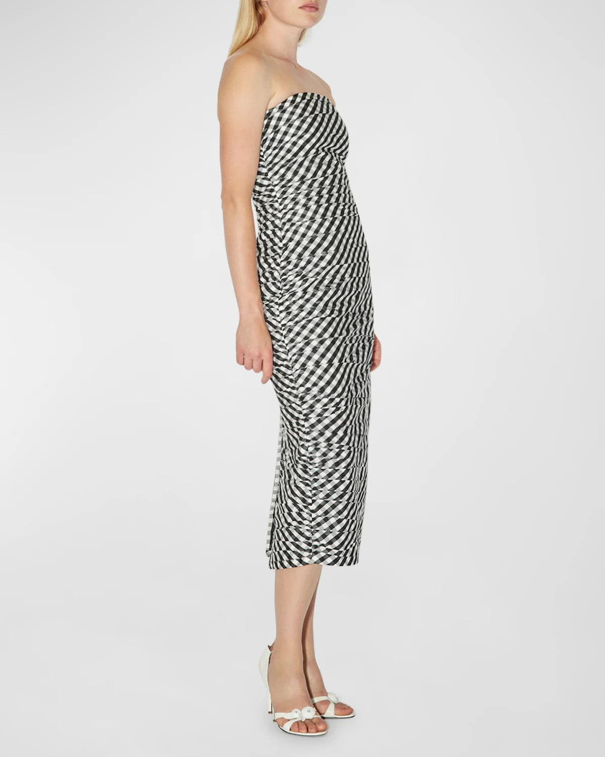 Tia Gingham Ruched Strapless Midi Dress