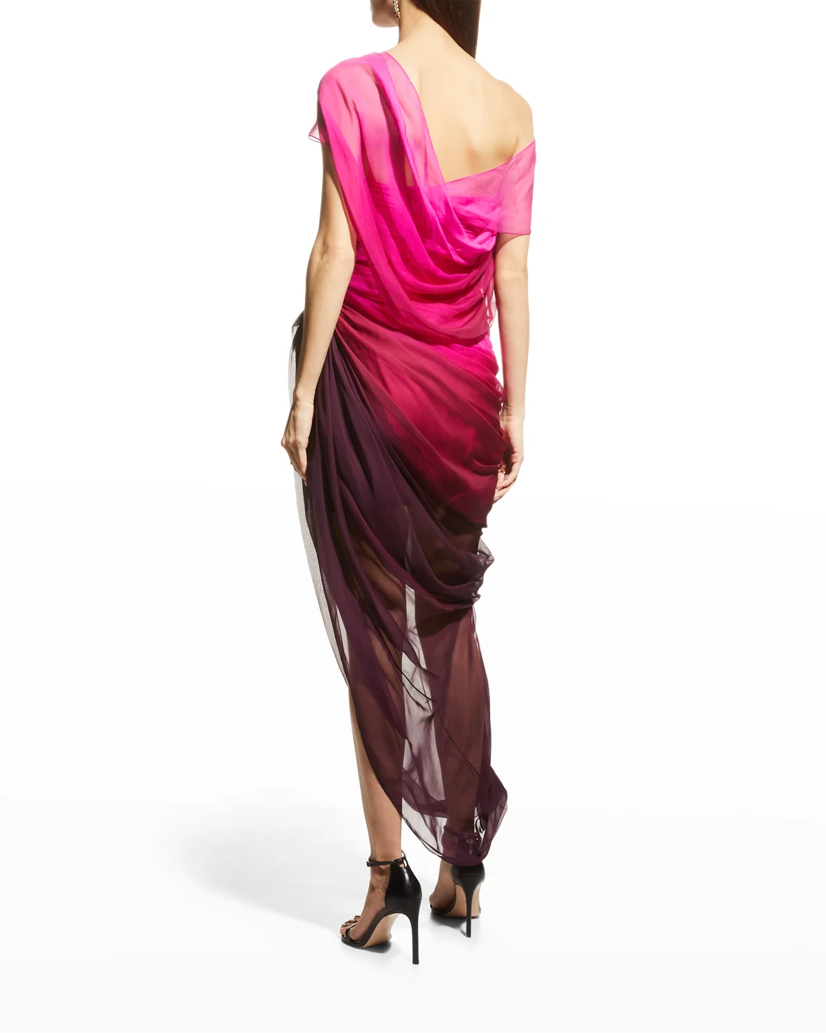 Draped Shoulder Ombre Silk Chiffon Gown