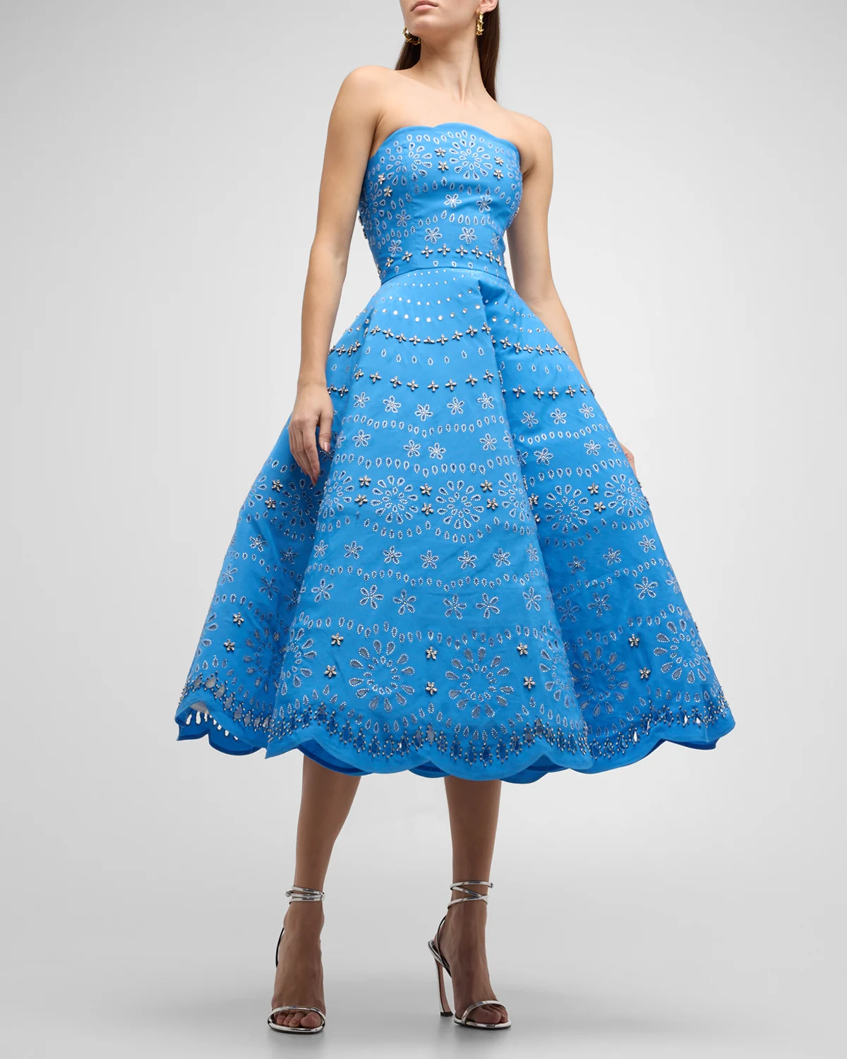 Strapless Crystal Eyelet Scallop Midi Cocktail Dress