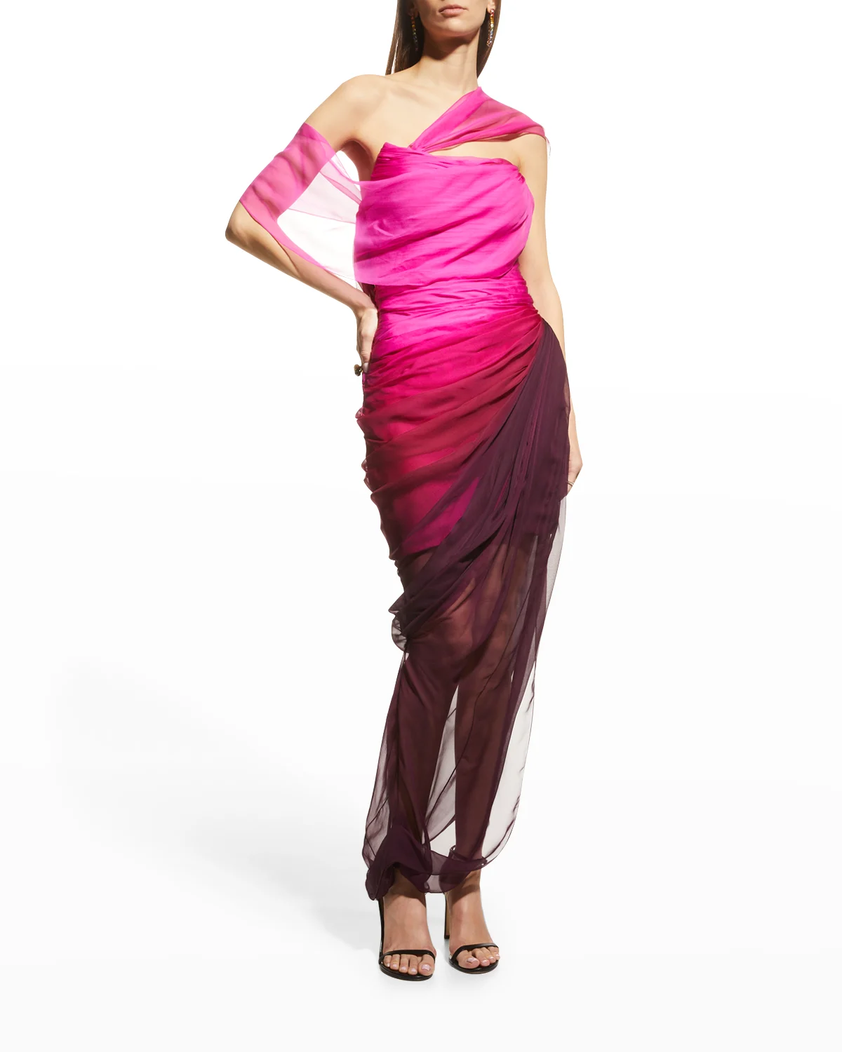 Draped Shoulder Ombre Silk Chiffon Gown