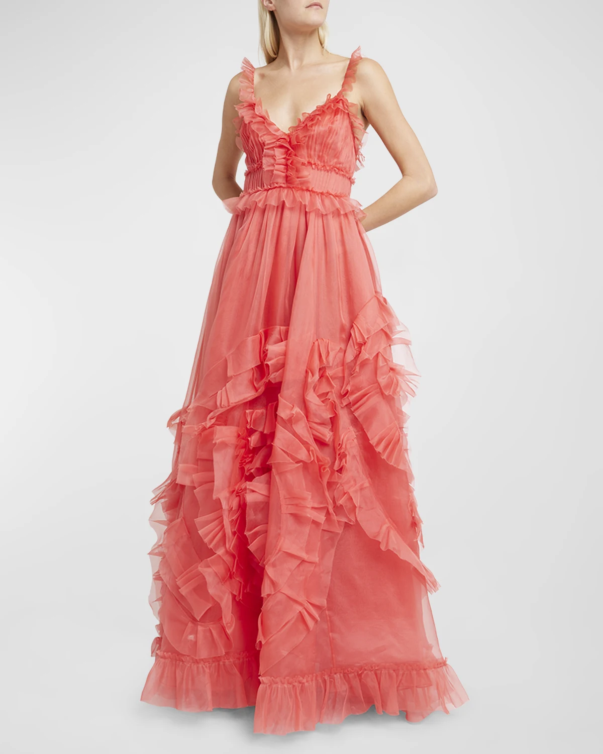 Margaux Frill-Strap Ruffled Silk Gown