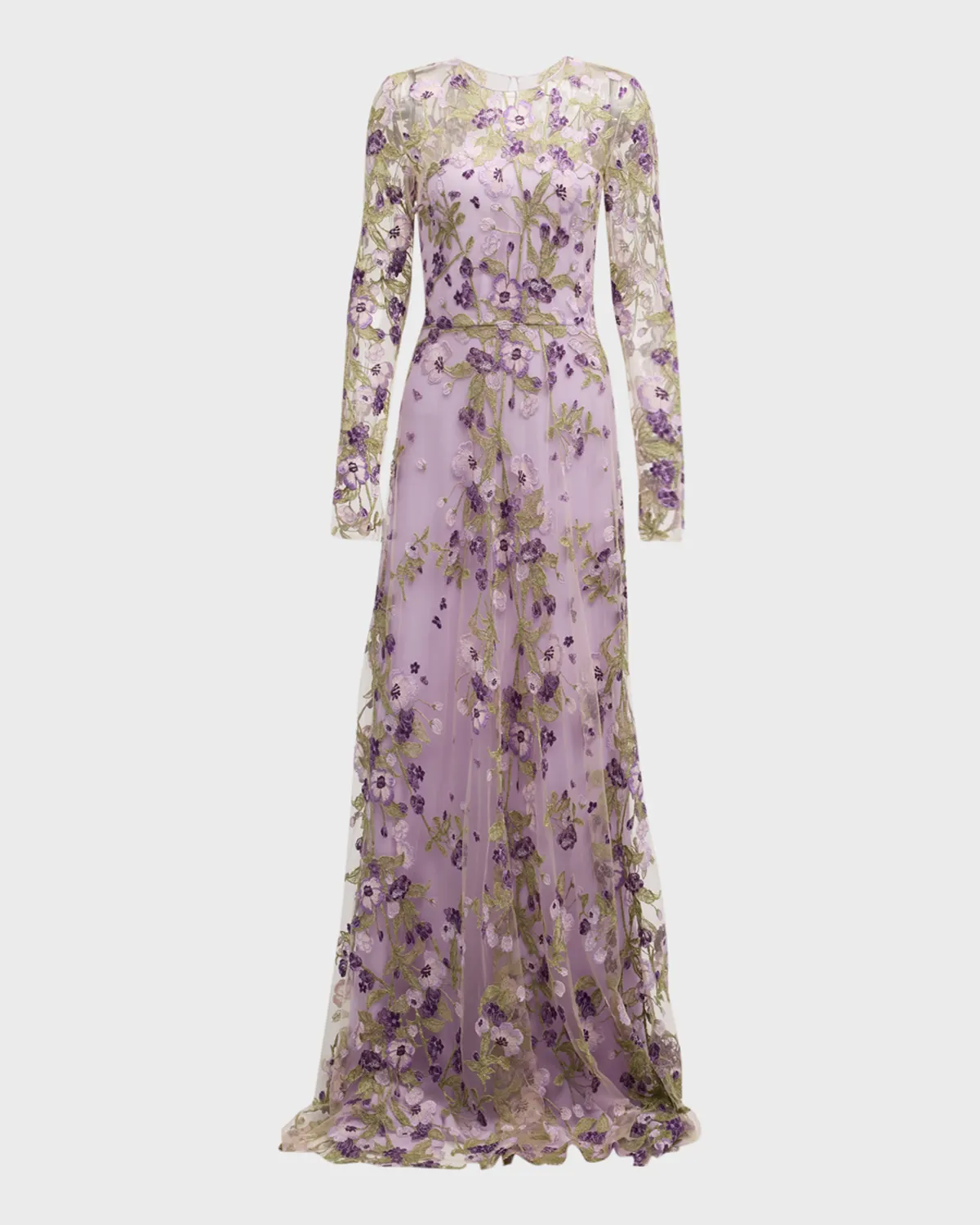 Embroidered Floral Gown with Sheer Overlay