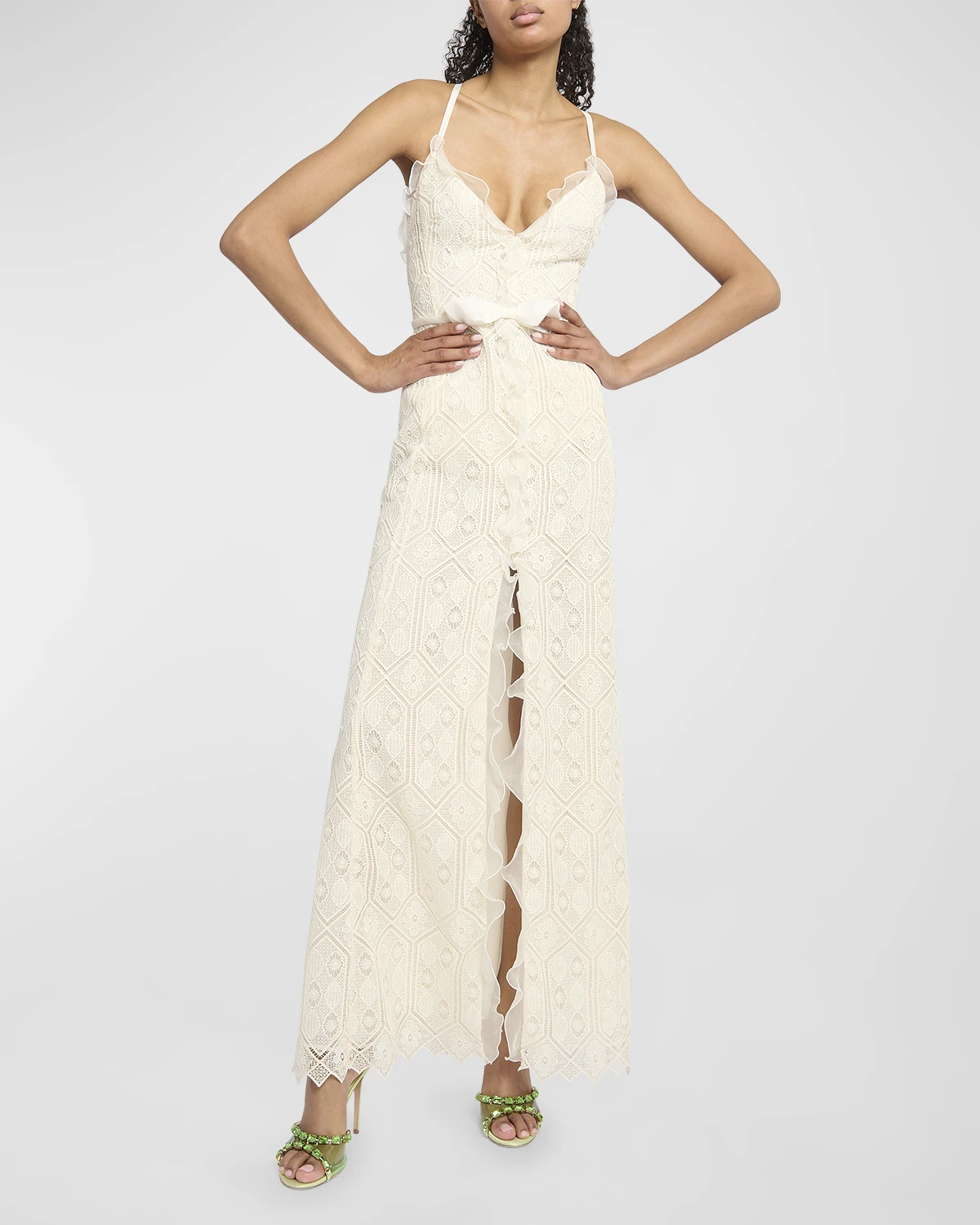 Ruffle Bow-Waist Slit-Hem Crochet Maxi Dress