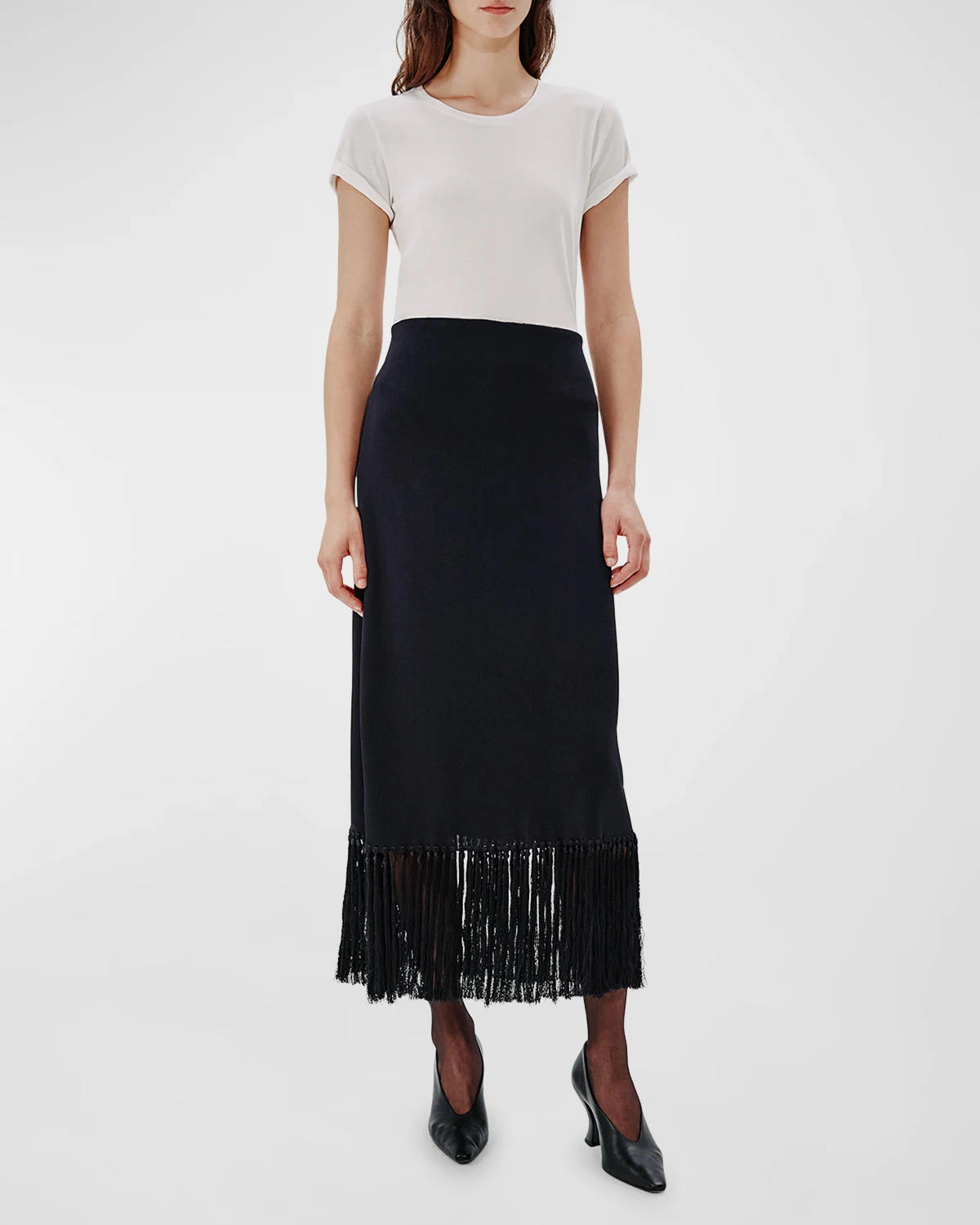 Fringe Hem Knit Maxi Skirt