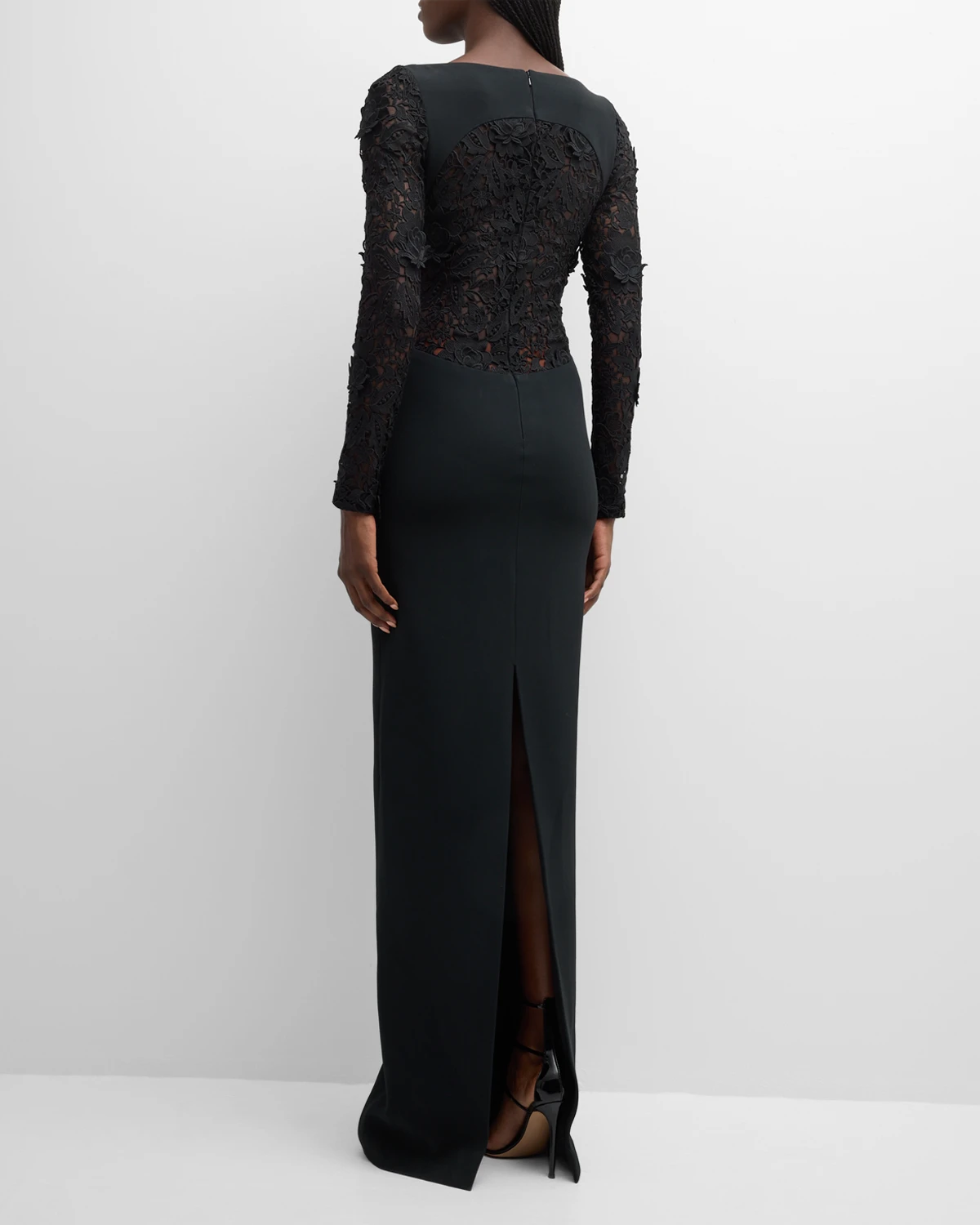 Black Crepe Gown with Lace Panels and Sleeves