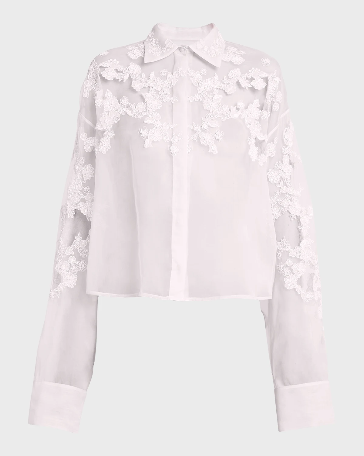 Sheer Lace Embroidered Button-Front Blouse