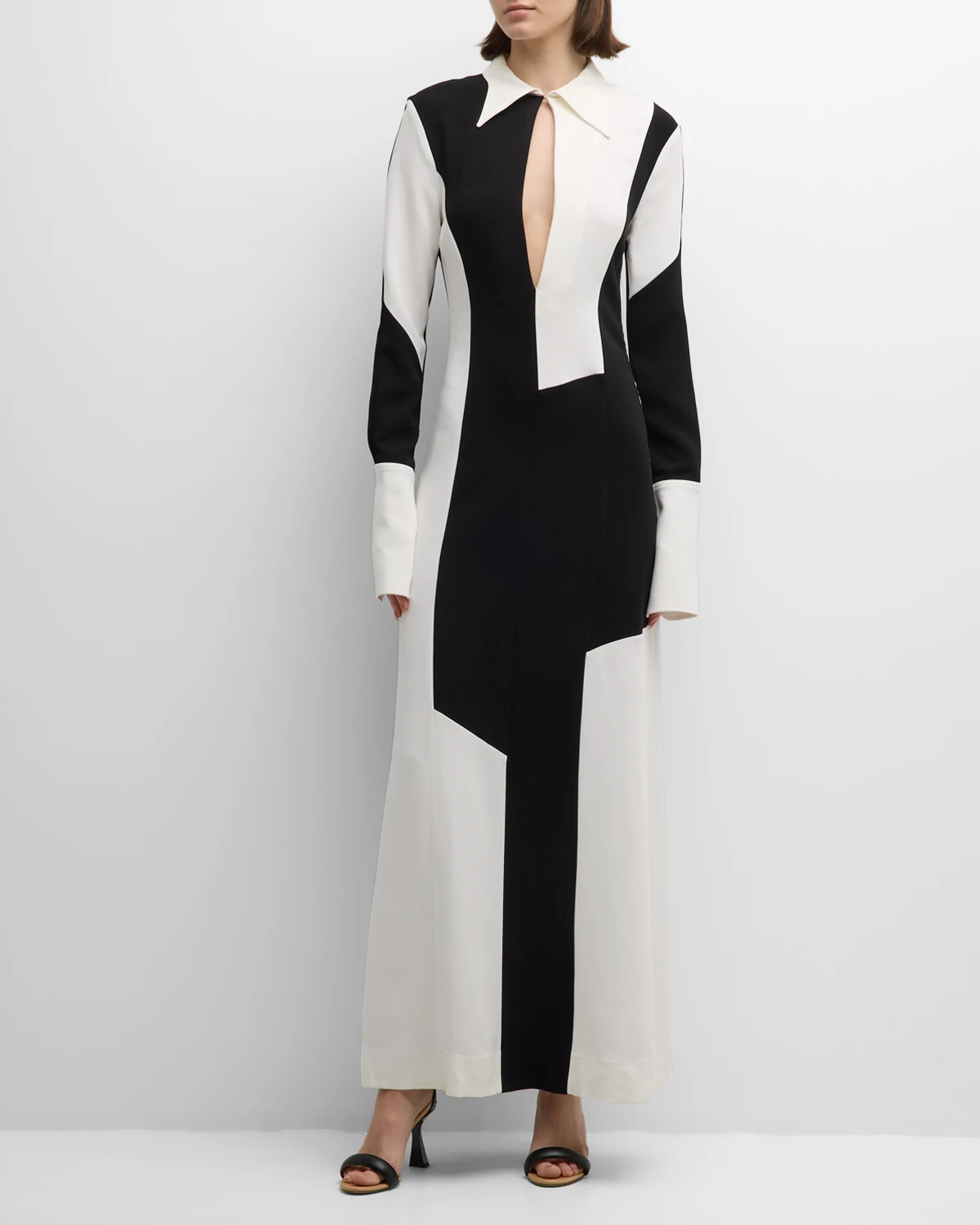 Colorblock Paneled Long-Sleeve Keyhole Collared Gown