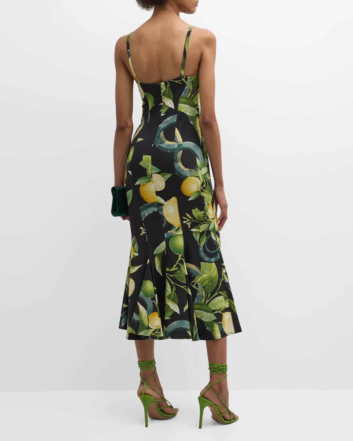 Lemon-Print Sleeveless Trumpet Midi Dress